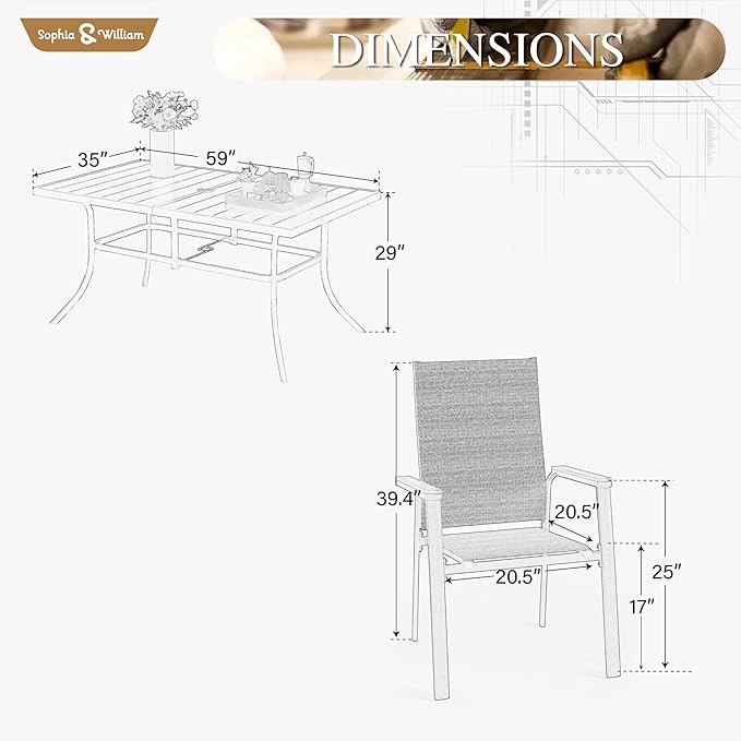 Sophia & William Outdoor Dining Set 7 Pieces, 6 Aluminum Stackable Chair for Space-Saving and 59" x 35" Patio Dining Table, Easy to Move for Outdoor Garden Lawn (Blue)