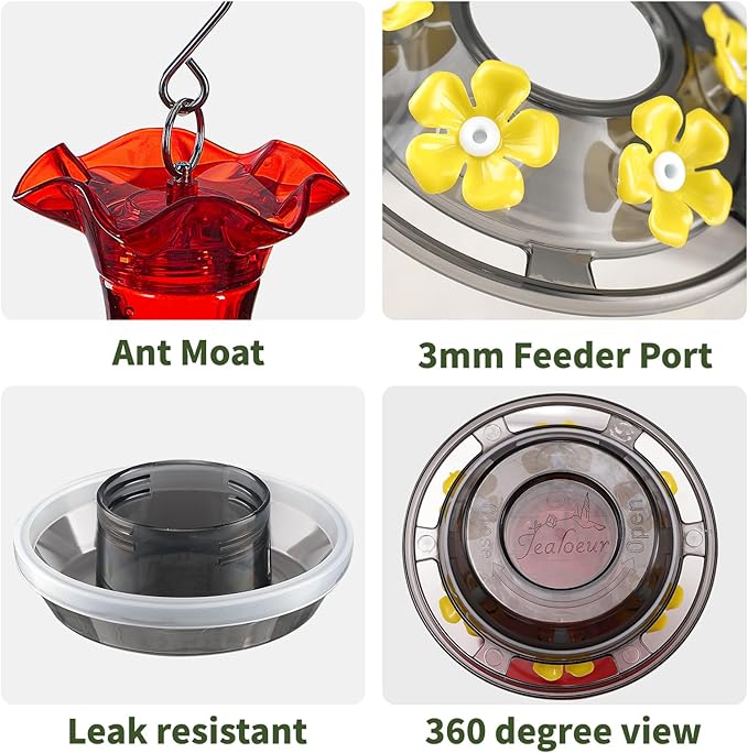 Hummingbird Feeder for Outdoors Hanging, 18 OZ Humming Birds Feeders with 6 Bee Guard Feeding Ports & Built-in Ant Moat, Easy to Clean, Durable Outdoor Garden Decor (Red 2 Pack-CC)