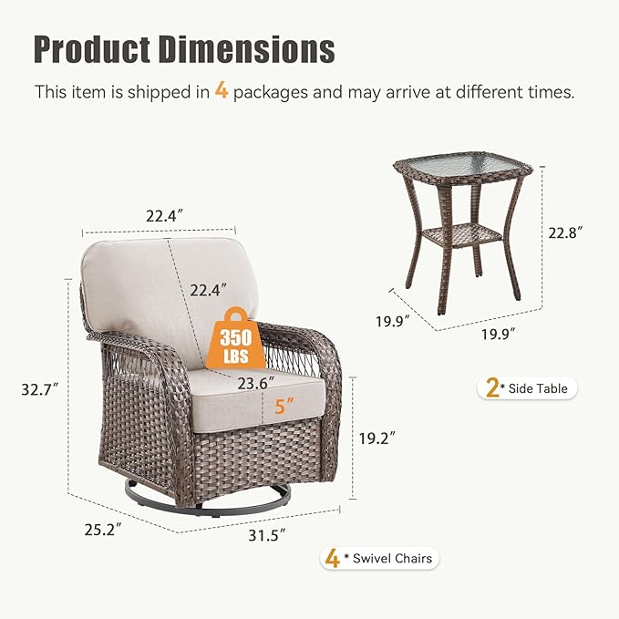 Patio Furniture Sets, 4 Pieces Wicker Outdoor Furniture with Patio Sidetables - 360 Degree Swivel Rocking Chairs and Rattan Side Table for Garden, Porch, Backyard, Beige/Brown Wicker