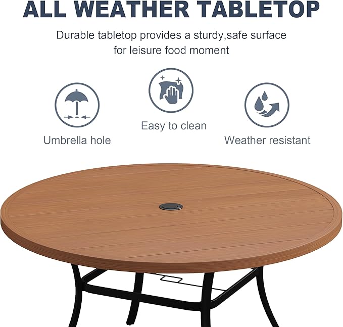 VICLLAX 60" Outdoor Round Patio Dining Table for 8-10, All Weather Metal Dining Table with Umbrella Hole for Deck Lawn Garden Backyard, Walnut