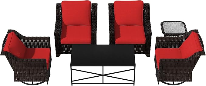 Vista Vibe 6 Pieces Outdoor Rattan Patio Conversation Furniture Set - 360 Degree Swivel Glider Rocker Chairs | Coffee Table | 2 Wicker Chairs, Washable Cushions, Terrace, Sunroom (Brown/Red)