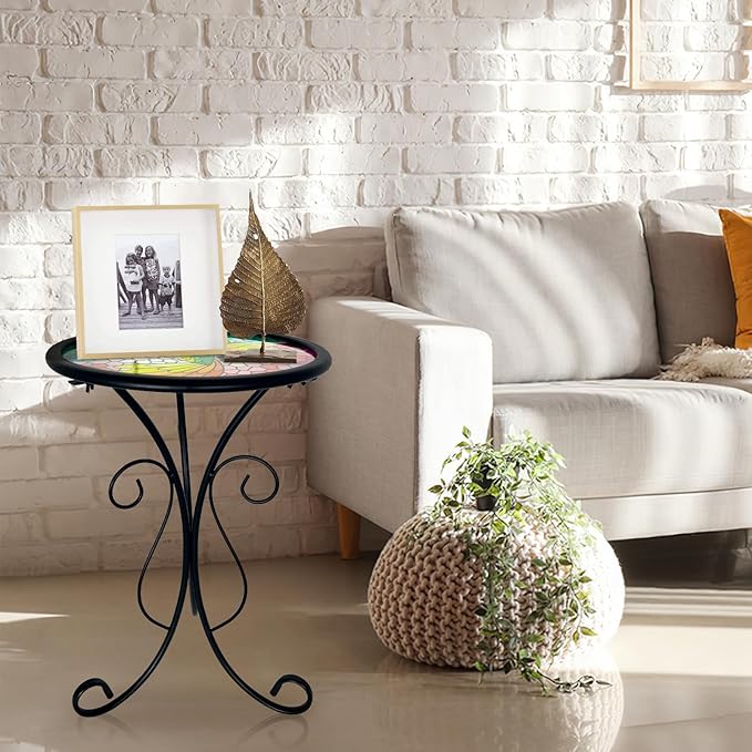 HONGLAND Outdoor Mosaic Side Table, 12" Small Outdoor Table, Round Patio Side Table End Table, Glass Plant Stand, Small Bistro Coffee Table for Garden Patio Porch Living Room (Hummingbird)