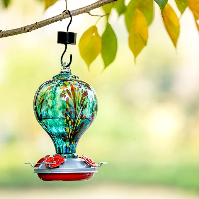 Hummingbird Feeders 32OZ Glass Hummingbird Feeder with Ant Moat, Yard Porch Decor (Teal Blue)