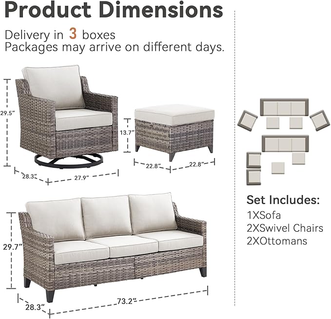 Patio Furniture Set, 5 Pieces Outdoor Wicker Rattan Sofa Couch with Rattan Chair, Ottomans and Comfy Cushions, All Weather Patio Conversation Sets, Suit for Porch Deck Garden