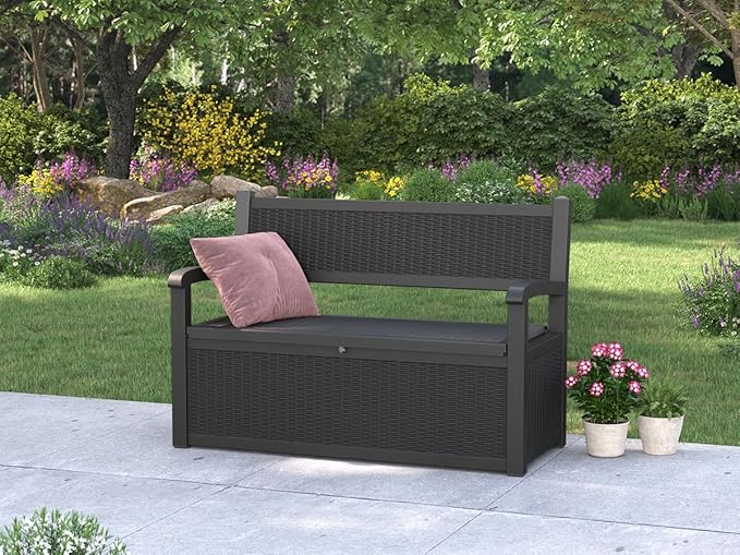 LHBcraft 70 Gallon Deck Bench with Storage,Outdoor Storage Box Bench Waterproof&Lockable, Resin Patio Furniture with Armrest for Patio, Porch, Garden,Black