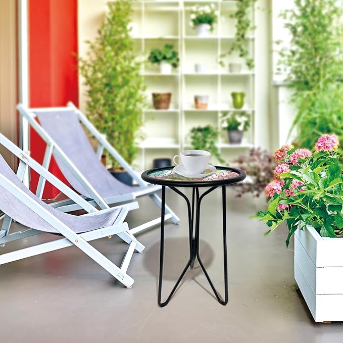 HONGLAND Outdoor Side Table, Small Mosaic Patio Table, 12" Round Metal Side Table End Table, Glass Plant Stand, Small Bistro Coffee Table Plant Stand for Garden Yard Porch Living Room(Hummingbird)