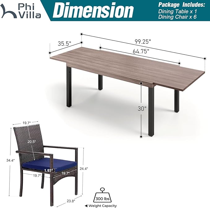 PHI VILLA 7 Piece Patio Dining Set for 6, Expandable Wood-Like Metal Dining Table & Wicker Chairs with Cushions, Large Dining Furniture for Outdoor Deck, Backyard, Porch