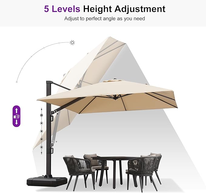 PURPLE LEAF 10 FT Cantilever Umbrella with Base Square Large Aluminum Outdoor Offset Patio Umbrella with 360° Rotation for Pool Garden Deck Backyard Beige