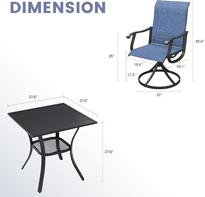 VICLLAX 3 Pieces Outdoor Dining Set, Patio Furniture Set of 2 Patio Swivel Dining Chairs and Small Dining Table with Storage Shelf, Navy Blue Chairs & Black Tabletop