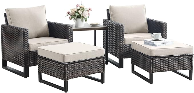 Rilyson Wicker Outdoor Patio Furniture Set - 5 Piece Patio Conversation Set with 2 Wicker Armrest Chairs,2 Rattan Ottoman and 1 Metal Side Table for Outside Porch Deck Backyard Garden(Brown/Beige)