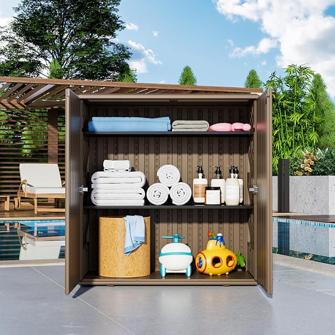 KINYING Outdoor Storage Cabinet Waterproof, Resin 60 Gallon Storage Box for Patio Furniture Cushions, Garden Tools, Pool Accessories (Dark Brown with 1 Shelving)