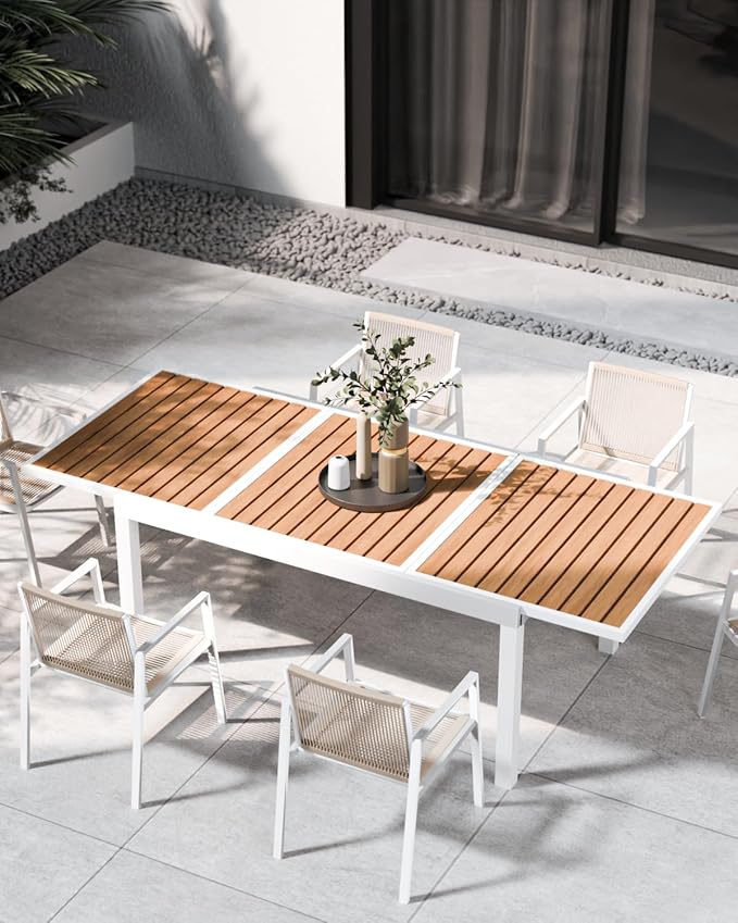 ZANDOR Expandable Outdoor Dining Set for 4-6-8,Patio Table and Chairs Set with Wood Top for Garden,Backyard,Porch,55"-82.7" Extendable Aluminum Outdoor Table Set with 4 Chairs,White