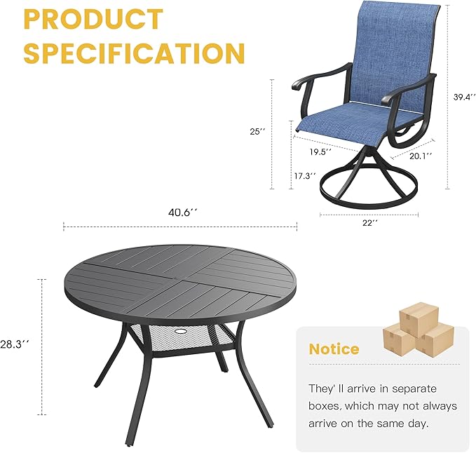 VICLLAX 5 Pieces Patio Dining Set for 4, Outdoor Furniture Set Includes 40.6" Square Outdoor Table and 4 Patio Swivel Chairs for Lawn Garden, Black Tabletop and Blue Fabric