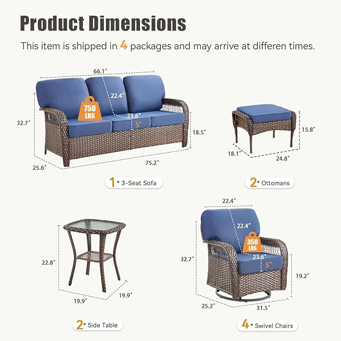9 Pieces Patio Furniture Set Outdoor Sectional Sofa Couch with Rocking Swivel Chairs 5" Deep Seat Chairs, Modern Wicker Rattan Conversation Set, Blue/Brown Wicker