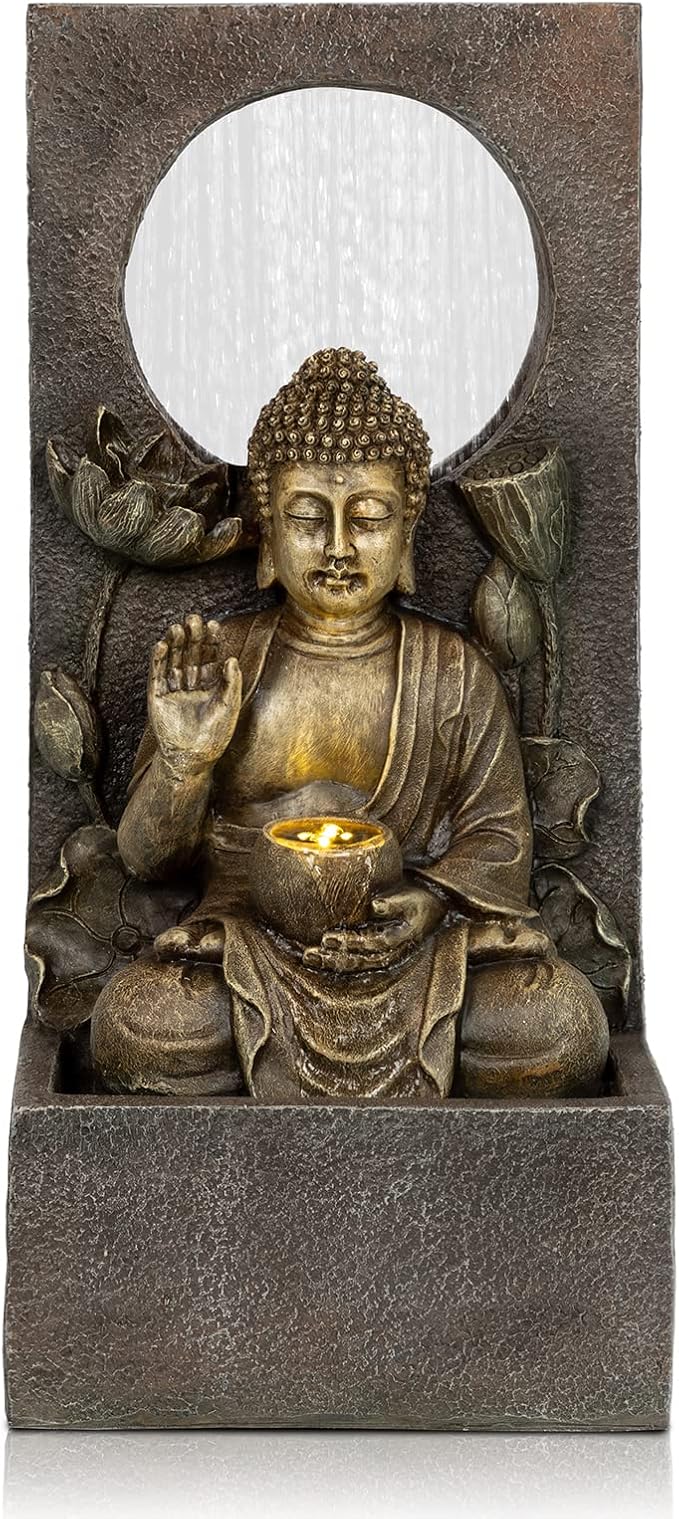 Ferrisland Buddha Waterfall Fountain Indoor & Outdoor, Freestanding Relaxing Water Fountain, Asian Zen Fengshui Patio Garden Backyard Decking Home Decor, Gift Ideas (Gold, 27.6" H)