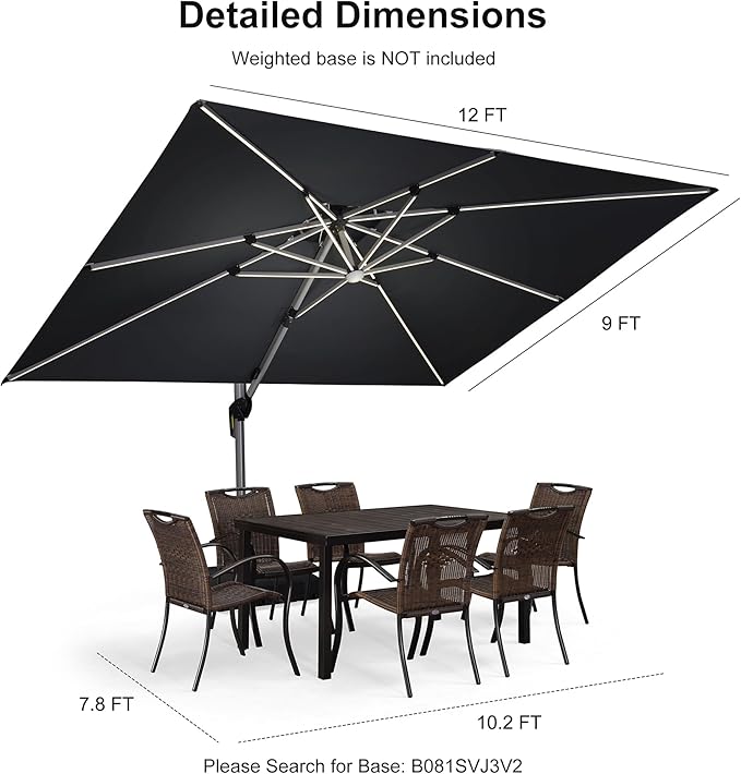 PURPLE LEAF 9' X 12' Double Top Deluxe Solar Powered LED Rectangle Patio Umbrella Offset Hanging Umbrella Outdoor Market Umbrella Garden Umbrella, Grey