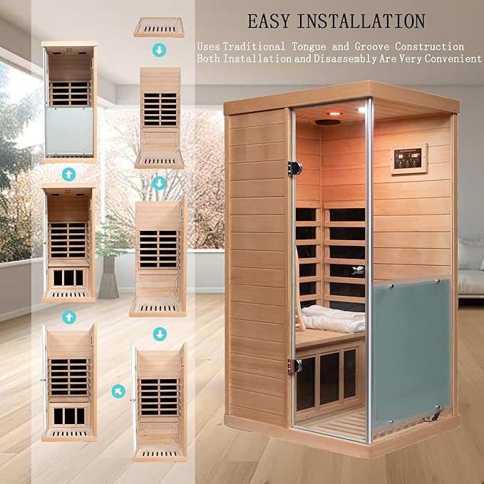 Hemlock Deluxe Mini Indoor Sauna 1 Person, Far Infrared Sauna at Home, Wooden Dry Sauna 1060w with 6 Far Infrared Heating Plate, Bluetooth Speaker, Red Light, Reading Light(Right Door)
