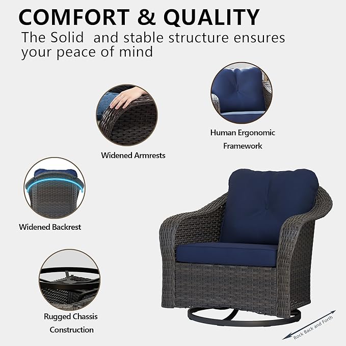Wicker Swivel Rocking Chairs Set 2, Outdoor Brown Wicker Swivel Glider Chair Outdoor Rocking Chair with Water-Resistant Cushions, Blue