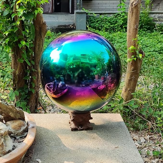 15cm/6 inch Garden Sphere Mirror Gazing Ball,Rainbow Stainless Steel Polished Reflective Smooth Hollow Globe Ball,Durable Colorful and Shiny Decorations Addition to Garden Patio Yard Home
