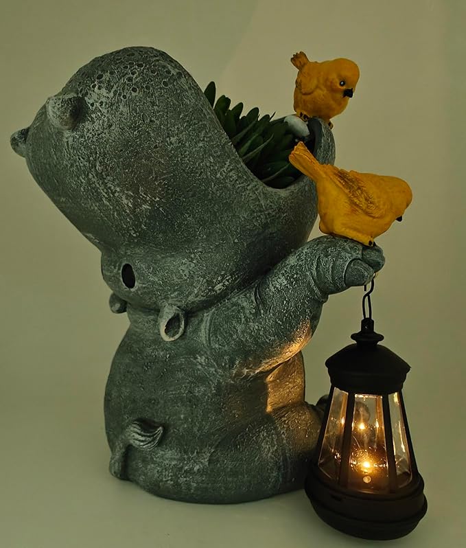 Large Hippo Solar Garden Outdoor Statues Hippo Planter Flowers Vase for Fresh/Artificial Hippo Figurine Garden Statue with Solar Lantern Bird Statue Hippo Gifts Housewarming Gift