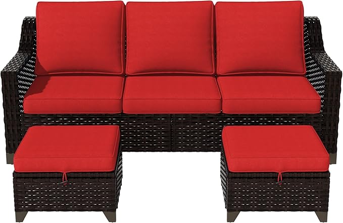 Vista Vibe 3 Pieces Outdoor Patio Conversation Furniture Set - 78" 3-seat Sofa | 2 Wicker Ottomans, Deep Seat Loveseat with Removable Cushions, Hand-Woven PE Rattan Couch, Lawn (Brown/Red)