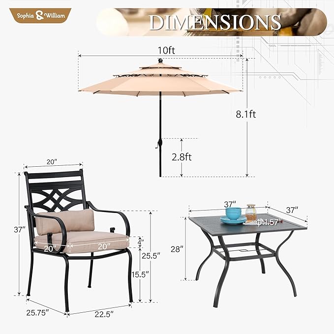 Sophia & William Patio Dining Set with Umbrella 6 Pieces, Outdoor Table and Chairs with 10ft Patio Beige Umbrella(No Base), Weather-Resistant for Garden, Backyard, Lawn, Balcony