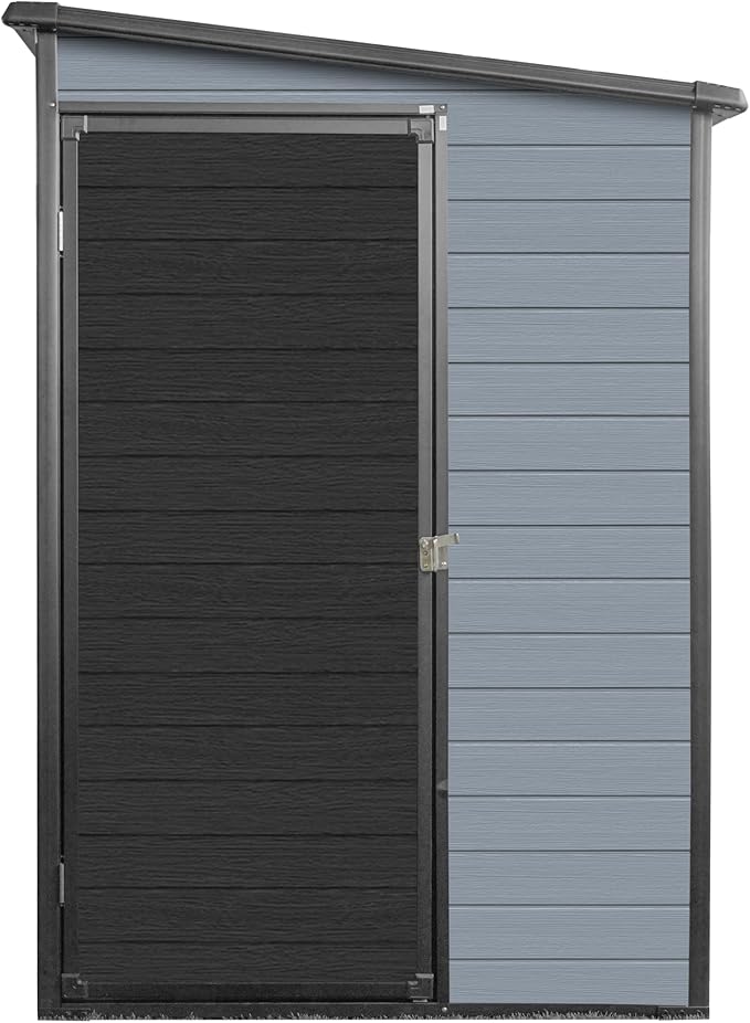 LANTRO JS 4x8FT Plastic Storage Shed with Floor, Outdoor Storage Shed with Floor Included, with 2 Windows and Lockable Door, Backyard Storage Sheds for Garden Tools, Bike, Gray and Black