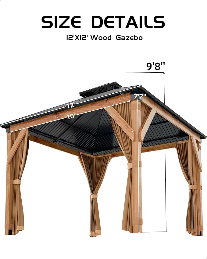 GAOMON Hardtop Spruce Wood Gazebo 12'x12', with Double Roof of Metal Sheets, 4.7'' Heavy Duty Poles, Net, and Curtain, Permanent Building for Patio, Deck, Backyard, Lawn, and Garden, Khaki