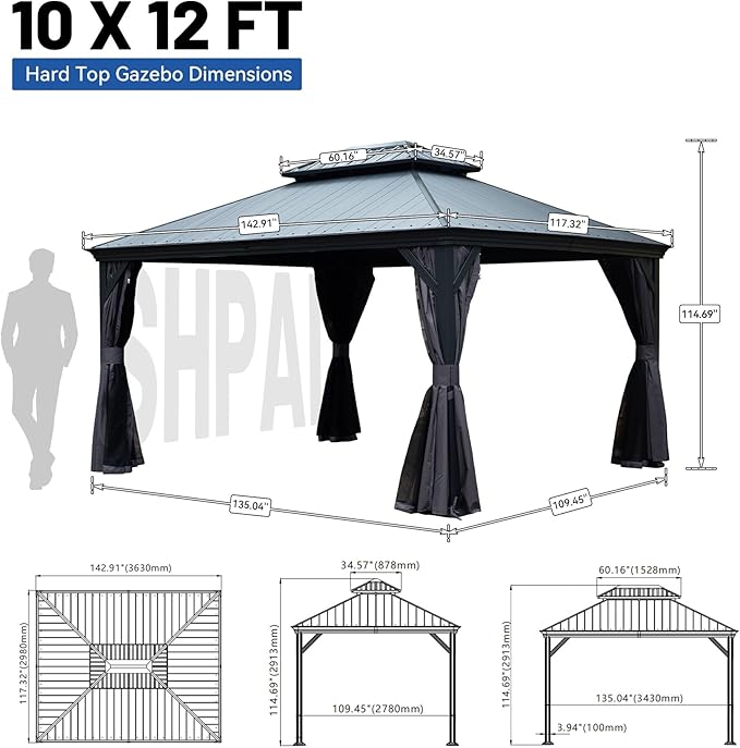 Outdoor Hardtop Gazebo for Patio 10x12FT with Resin-Galvanized Steel Roof, Metal Hard Top Gazebo with Gutters, Heavy Duty Gazebos All Season with Curtains & Netting, for Deck, Backyard, Hot Tub