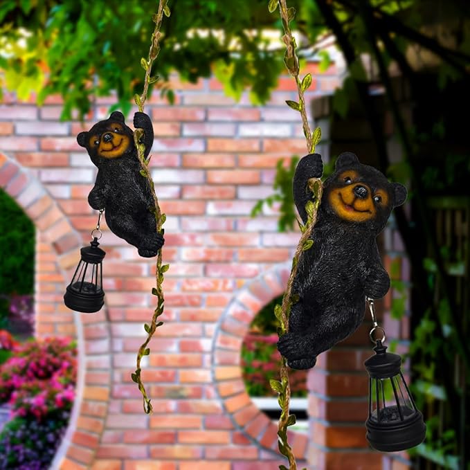 Solar Garden Decor Outdoor Statues-Resin Raccoon Climbing Vine & Squirrel Figurine with LED Light, Waterproof Hanging Animal Figurine with Hook for Patio, Yard, Home Decor Gift (Raccoon)