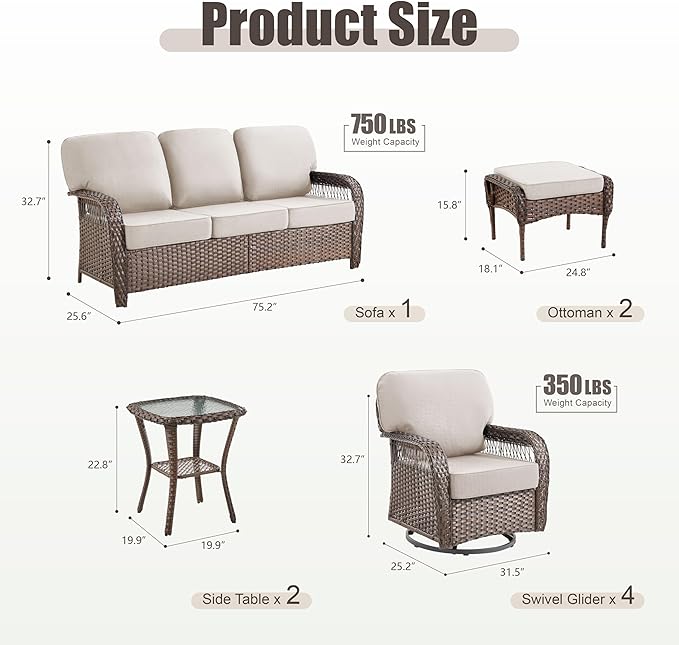 9 Pieces Patio Furniture Set Outdoor Sectional Sofa Couch with Rocking Swivel Chairs 5" Deep Seat Chairs, Modern Wicker Rattan Conversation Set, Beige/Brown Wicker
