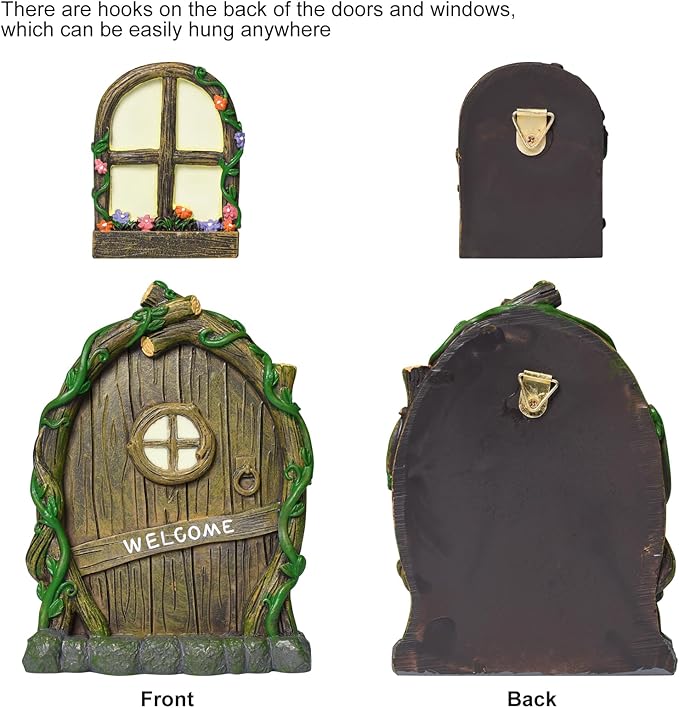 Resin Fairy Door and Window with Lantern for Trees,Glow in The Dark,Miniature Fairy Garden Accessories,Garden Outdoor Decorations for Trees,Gnomes House,Elf House