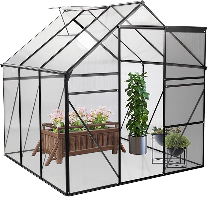 6x6 FT Polycarbonate Greenhouse,All Season Heavy Duty Walk-in Garden Plants Green House for Outdoor Backyard,Raised Base and Anchor Aluminum,Easy to Install,Black