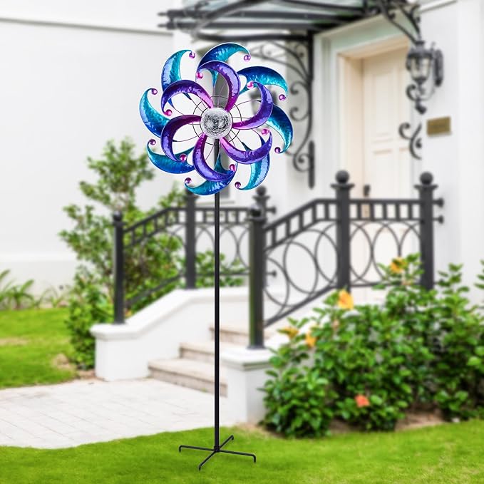 WONDER GARDEN Wind Spinners for Yard and Garden-Solar Wind Spinners - 61 Inch Blue Wind Sculptures & Spinners with LED Changing Light Glass Ball for Garden Patio Outdoor Decor