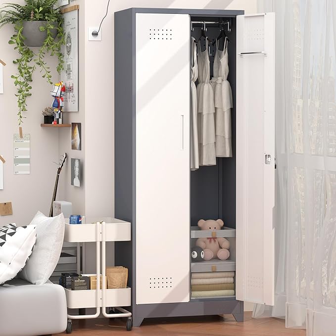 GREATMEET 65" Garage Storage Cabinet, Broom Closet Storage Cabinet, Storage Shed, Metal Cabinets with Doors and Shelves, Tool Shed for Brooms and Mops, Utility Cabinets for Storage, Grey&White