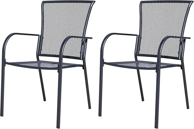Outdoor Metal Patio Chairs Set of 2, Stackable Iron Mesh Dining Chairs with Armrests, All-Weather Bistro Chairs for Garden, Backyard, Porch, or Balcony