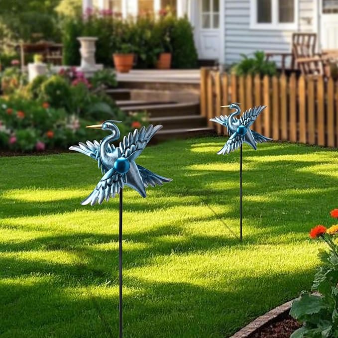WONDER GARDEN Wind Spinners Outdoor - 2 Pack Small Metal Heron Wind Spinner Windmill, Wind Sculpture for Yard Patio Lawn Decor