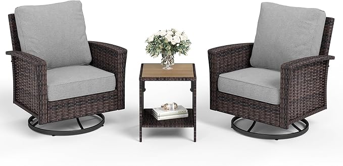 Patio Wicker Swivel Chairs Set of 2, Outdoor High Back Chairs with 5.5" Waterproof Cushions and Side Table, Outdoor Furniture Set for Deck Porch and Yard, Peacock Blue