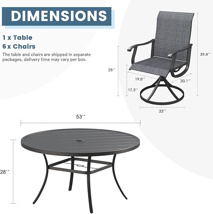 DIFY 7 Pieces Outdoor Patio Dining Set, 6 Dark Grey Textilene Swivel Dining Chairs and 53" Black Round Metal Dining Table, Outdoor Table and Chairs