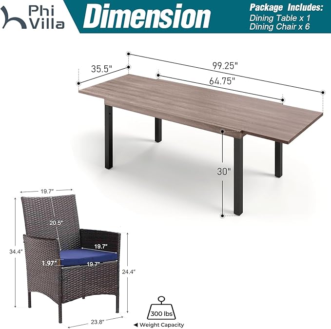 PHI VILLA 7 Piece Outdoor Dining Set for 6, Expandable Wood-Like Metal Dining Table & Wicker Chairs with Cushions, Large Dining Furniture for Patio, Deck, Backyard, Porch