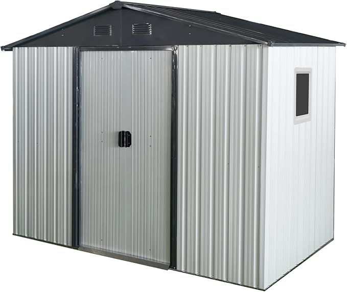 8x4 ft Outdoor Metal Storage Shed with Floor Foundation and Window, Lockable Galvanized Steel Tool Shed with Sliding Door and Air Vent, Waterproof Garden Storage House for Backyard, Patio