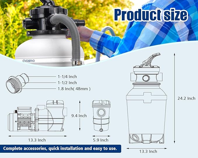 13" Sand Filter System with 6-Way Valve Pool Pump 2500GPH Easy to Use for Above Ground Pools