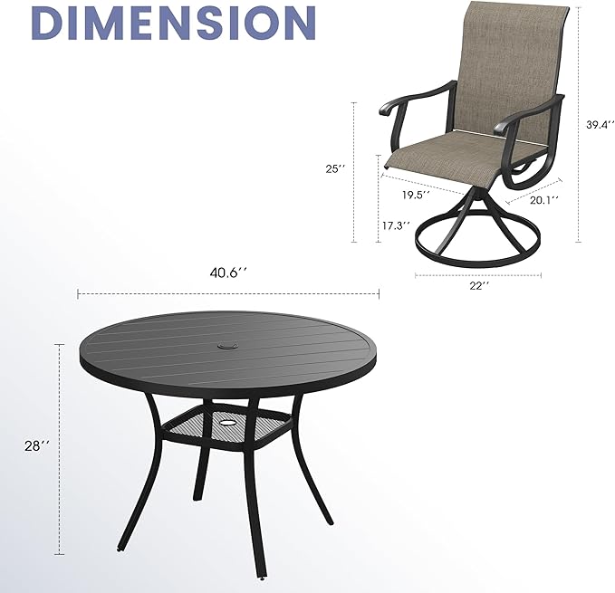 VICLLAX 5 Pieces Outdoor Dining Set, Patio Furniture Set of 4 Patio Swivel Dining Chairs and 41" Patio Round Table with Storage Shelf, Mixed Brown Chairs & Black Tabletop