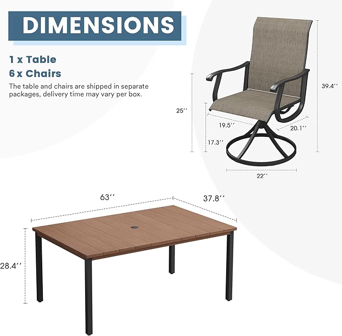 DIFY 7 Pieces Outdoor Patio Dining Set, 6 Brown Textilene Swivel Dining Chairs and 63" Walnut Rectangle Metal Dining Table, Outdoor Table and Chairs
