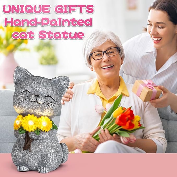 Solar Garden Statues Cat with Daisy and LED Lights Birthday Gifts for Women Mom Grandma Solar Outdoor Cat Decor for Outside,Outdoor Solar Lights for Yard, Garden and Patio, Unique Gift for Women