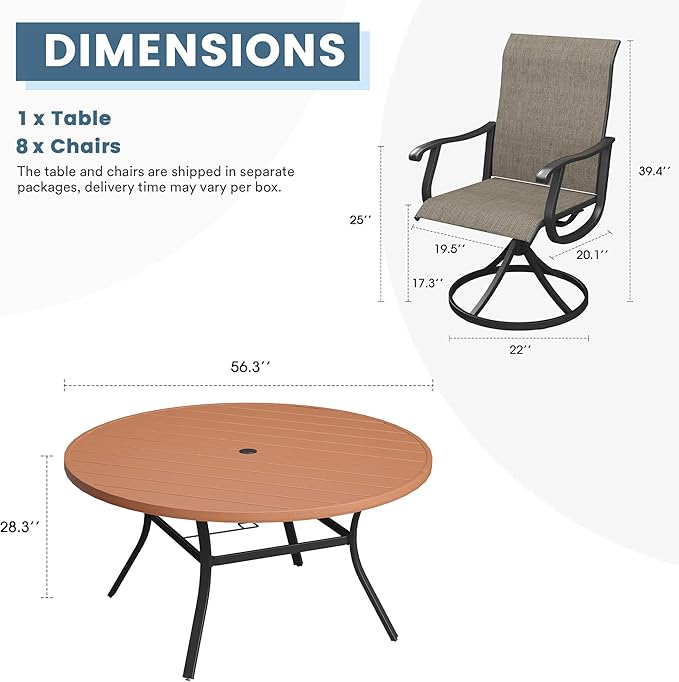 DIFY 9 Pieces Outdoor Patio Dining Set, 8 Brown Textilene Swivel Dining Chairs and 56.3" Walnut Round Dining Table with Faux Wood Top, Outdoor Table and Chairs