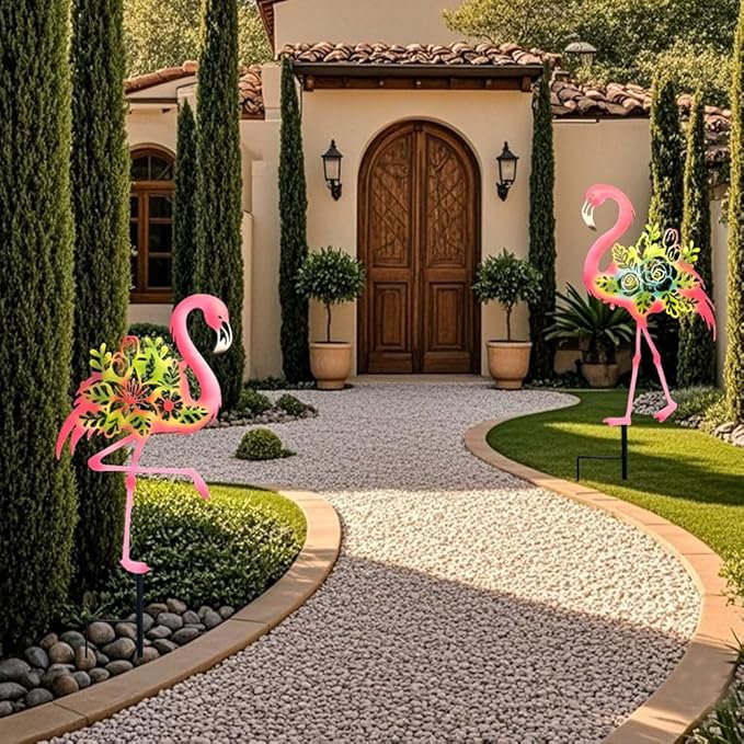 Pink Metal Flamingo Garden Statue - 20.5 inch Hand Flamingo Painted Metal Patio Art, Outdoor Decorative Stake Flamingo Statue for Lawn, Patio, Porch and Backyard, Gifts for Ladies (B Style 2 Pack)