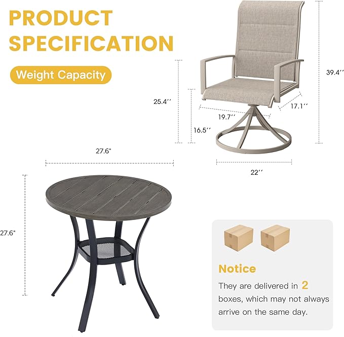 VICLLAX 3 Pieces Patio Dining Set - 27.5" Round Patio Table and 2 Outdoor Swivel Padded Chairs, Grey Wood Grain Tabletop and Sanshell Fabric