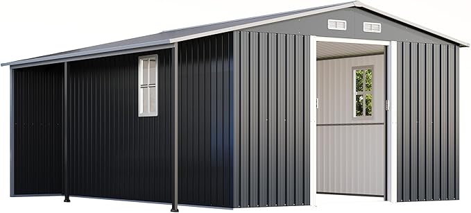 Jocisland 12x12x6.6 FT Galvanized Metal Storage Shed with Open Firewood Bay, Sliding Doors & Ramp, 2 Windows & Vents, Weather-Resistant Outdoor Tool/Garden Shed, Dark Grey/White