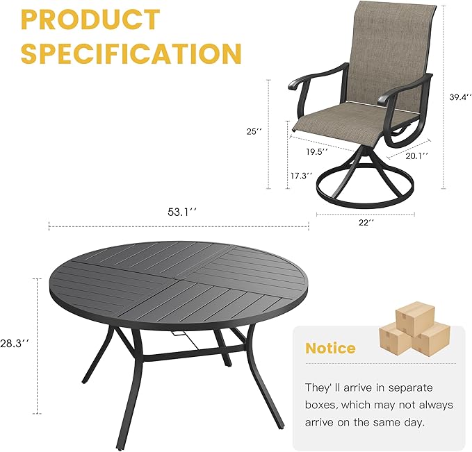 VICLLAX 7 Pieces Patio Dining Set for 6, Outdoor Furniture Set Includes 53" Outdoor Round Table and 6 Patio Swivel Chairs for Lawn Garden, Black Tabletop and Mixed Brown Fabric